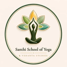 Santhi School of Yoga & Vedanta Studies logo: a seated yoga figure with raised hands in front of a lotus