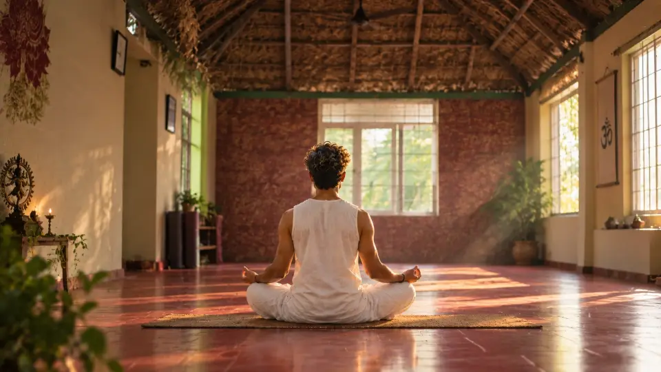 Meditating alone in a sunlit practice hall with a terracotta floor, a thatched roof and tall windows onto the garden